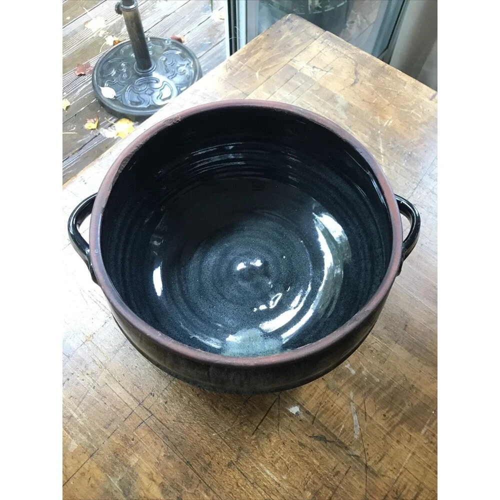 Large Pottery Stoneware Blue Glaze Unsigned With Lid & Handles Cottagecore